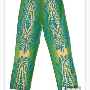 Etcetera abstract pailey print gree yellow blue miswaist pants 12